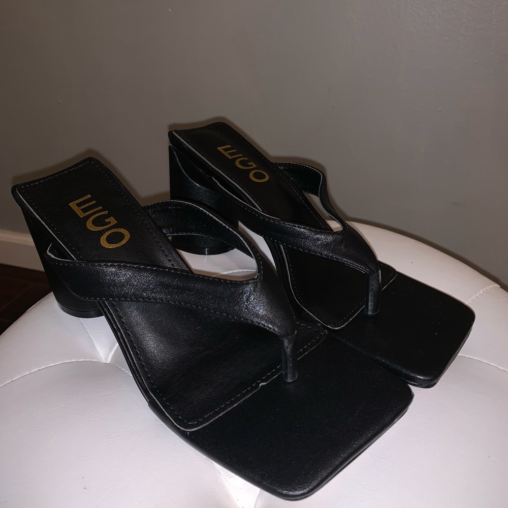 Thong Strap Square Toe Block Heel Mule